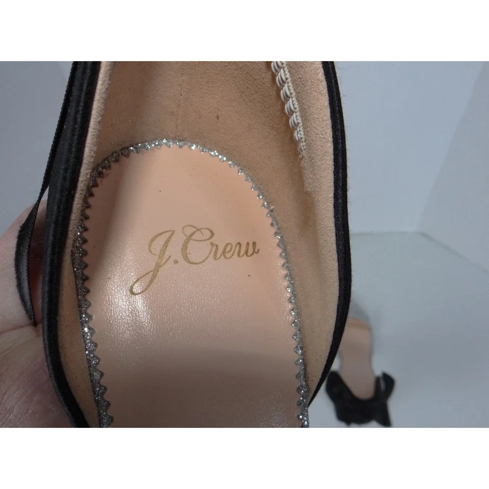 J.Crew Pita Silver Glitter Black Satin Bow Stiletto Heel Sandals K2926 Size 7.5